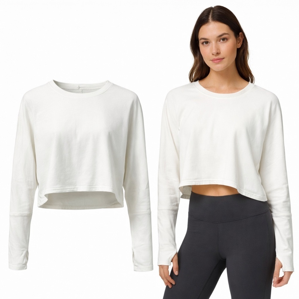 Lululemon White Cropped Long Sleeve Thumbhole Athletic Top Size 6 Est